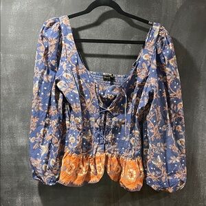 House of Harlow Blue and Orange Floral Lace-Up Blouse. Boho. Trendy